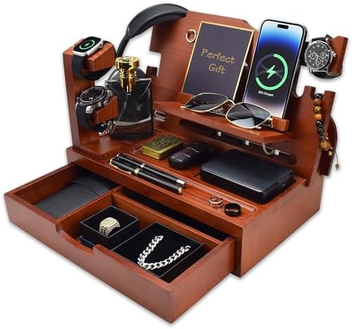 Nightstand Organizer for Men with Large Drawer Gift for Men Walnut by KWYADLUO