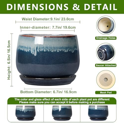 Ceramic Plant Pots, 9 Inch Ceramic Planter with Saucer, Retro Blue - Image 2