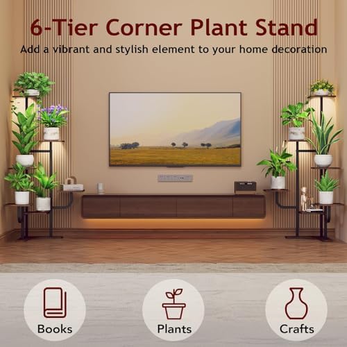 Homsorout Corner Plant Stand with Grow Light - 6 Tier Plant Stand Indoor Square Metal Plant Shelf with Adjustable Light, Plant Organizer for Living Room, Graden, Home Decor, Brown - Image 2