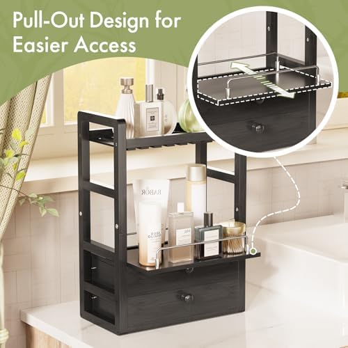 AmazerBath Bamboo Bathroom Counter Organizer, 2-Tier Makeup Organizer with 2 Drawers, Vanity Organizer Storage Coffee Matcha Station, Compact Shelf for Bathroom Kitchen Office Countertop, Black - Image 4