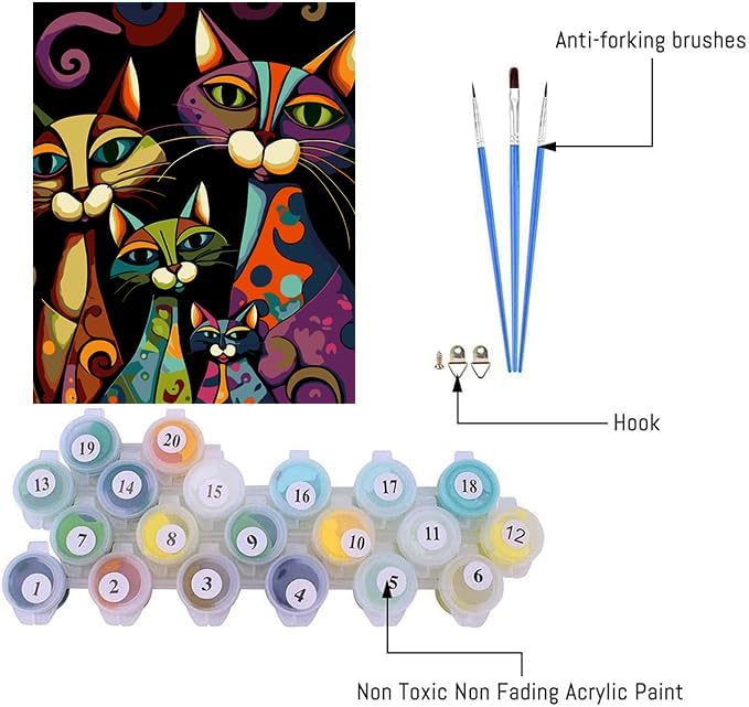 Adult Digital Painting Kit,Abstract Four Black Cats Frameless Beginner DIY Acrylic Watercolor Oil Painting,Animal Digital Painting for Home Wall Decoration and Gifts (16x20 inches)