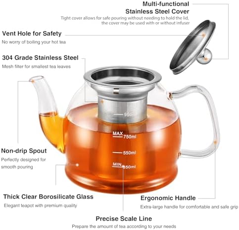 Glass Teapot, 33oz / 1000ml Teapot with Removable Infuser - Image 2