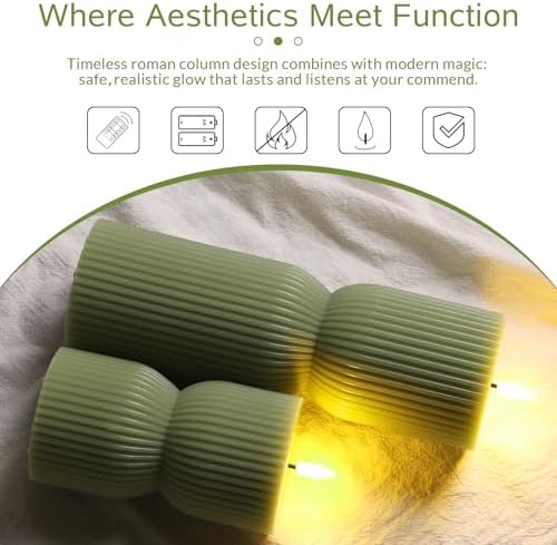 Olive Green Ribbed Flameless Pillar Candles with Remote Set of 2 - Image 4