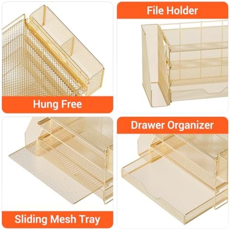 OPNICE Desk Organizers and Accessories, 4-Tier Desktop File Organizer with Drawer and Pen Holders, Office Desk Accessories Workspace Organizers for Office Supplies (Gold) - Image 5