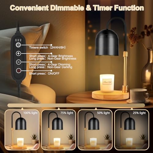 Candle Warmer Lamp with Timer,Electric Candle Warmer with Dimmer Adjustable Height, Electric Wax Melt Warmer for Scented Jar Candles Vintage Home Decor,2/4/8H Timer 2 Bulbs, Black, SKTL-3001 - Image 3
