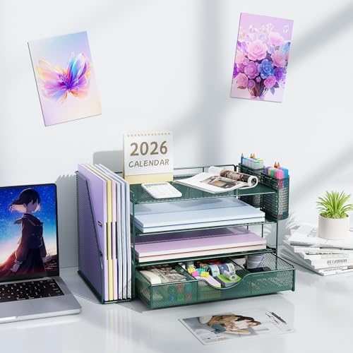 gianotter 4-Tier Desk Organizer with Drawers, File Holders, Letter Trays and Pen Holders - Workspace Accessories for Office Supplies (Green) - Image 7
