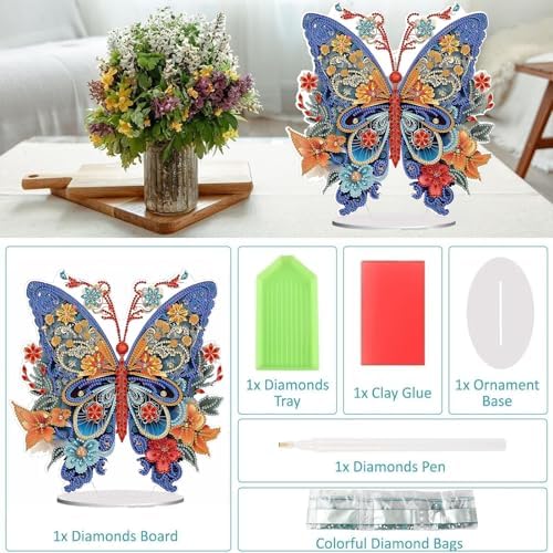 Diamond Painting Kits for Adults Beginners, 5D Full Drill Flowers and Butterfly Crystal Art Desktop Ornament, DIY Single Sided Home Office Desk Decor, Creative Craft Gift Set with Tools - Image 3