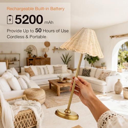 20.5'' Tall Cordless Boho Rattan Table lamp, 5200-mAh Rechargeable Battery, 3-Level Brightness Dimmable, Build-in LED 320 Lumen Max, for Bedside Restaurant Resort Hotel Dining Table - Image 4