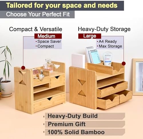 Pandorama Bamboo Desk Organizer Medium - Drawers & Adjustable File Holder, Fully Assembled Wood Desktop Storage for Kitchen, Bedroom, Bathroom, Study Room - Image 7