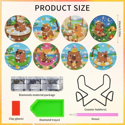 CRASHOT Capybara Diamond Art Painting Coasters Kit with Holder, 8 Pcs - Image 2
