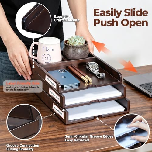 Solid Wood Desk Organizer 3-Tier Stackable Letter Tray Walnut Mail Sorter - Image 4