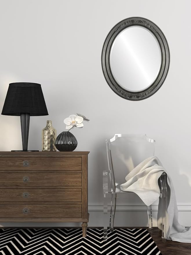 OVALCREST Oval Beveled Wall Mirror for Home Decor - Florence Style - Black Silver - 24" x 20"