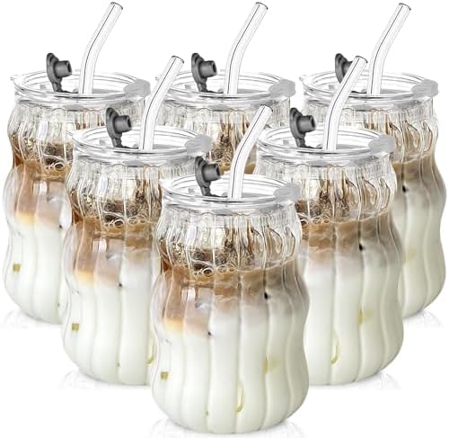 KEMORELA Ribbed Glass Cups with Lids and Straws，18oz Cute Iced Coffee Cups by KEMORELA