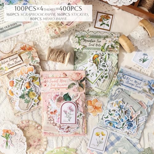 400Pcs Vintage Scrapbook Paper & Stickers Assorted Set, 4 Packs Journaling Supplies Kit, Floral Decorative Paper for Scrapbooking Junk Journals Collage Card Embellishment Planner Album DIY - Image 2