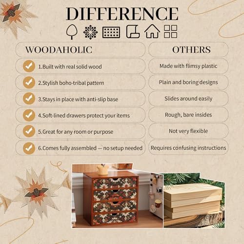 Boho Green Wooden Desk Organizer with Drawers – 4-Drawer Desktop Storage Box – Rustic Tribal Wood Desk Organizer for Office, Vanity, or Craft Supplies – Compact & Stylish Wooden Storage Drawers - Image 5