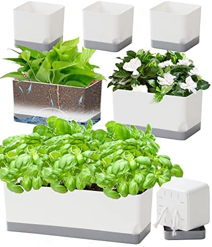 Self Watering Planters Pots for Indoor Plants, 7 Pack Plastic Planter Box Flower Pots for Indoor Outdoor Plants, Rectangle Herb Planter Window Boxes Planterswith Drainage, Light Gray Tray by Vugosson