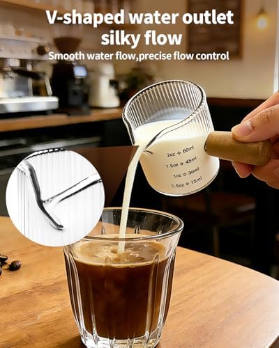 Espresso Measuring Cup 2 OZ, Espresso Glass Cups with Wood Handle, Milk Frothing Cup, Espresso Cup for Coffee, Milk, Tea or Maple Syrup Serving (Transparent, 2 oz) - Image 5