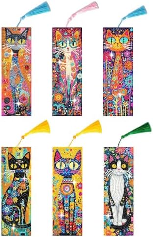Puraikcmi 6 PCS 5D DIY Diamond Art Bookmarks Kit Cats Diamond Paintings Bookmarks Kits with Tassels Acrylic, Rhinestone Crafts Decoration Gift Set for Book Lovers Beginners & Adults by Puraikcmi