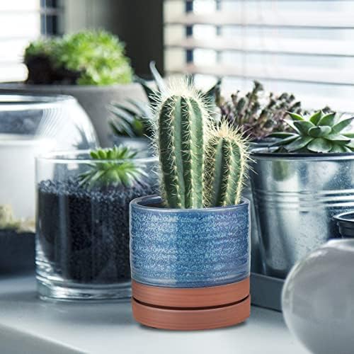HERDUK 6 Inch Plant Pots, Ceramic Planter Pot with Drainage Hole & Saucer, Indoor/Outdoor Cylinder Round Planter Pot, Aqua Blue & Terracotta Red - Image 6