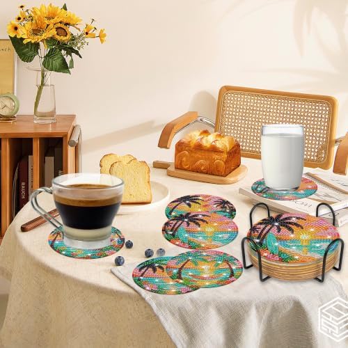 CRASHOT Coquette Beach Diamond Art Coasters Kit with Holder, 8 Pcs - Image 7