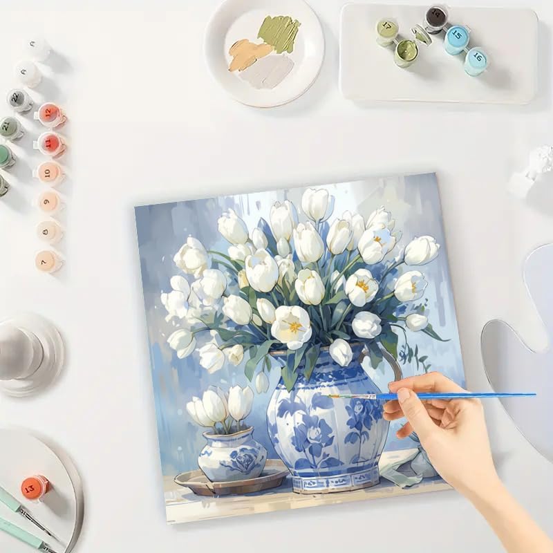 TAOPAOLAB Floral Digital Painting Kit for Adults - DIY White Tulips in Blue Porcelain Vase Oil Painting on Canvas 7.87×7.87in, Framed Acrylic Paint Kit, Good for Beginners, Home Decor or Gift Artwork - Image 3