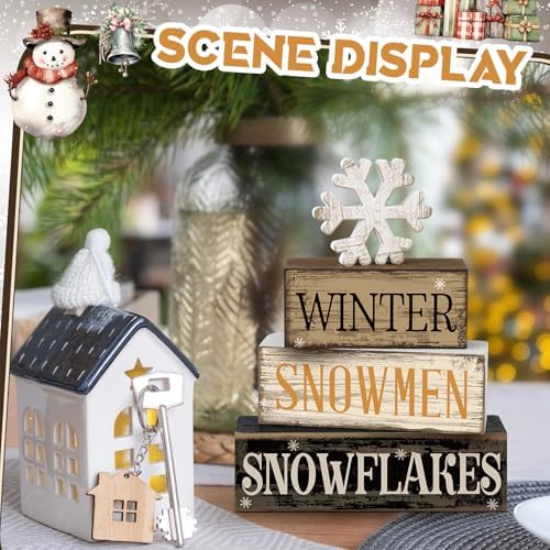 Moucuny 4 Pcs Wooden Block Signs Winter Tiered Tray Decor Farmhouse - Image 4