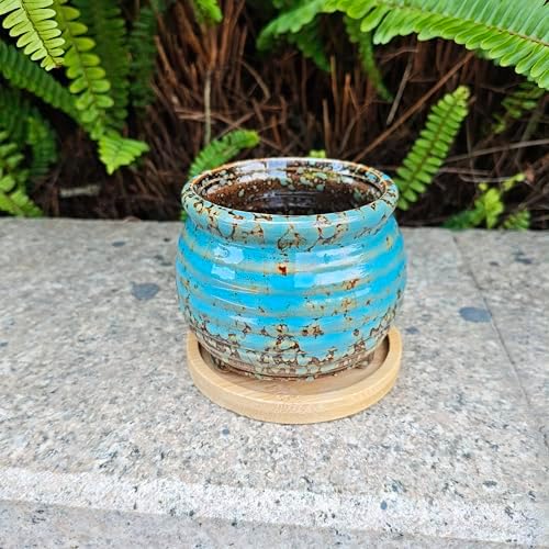3.5 Inch Ceramic Succulent Planter Pot with Drainage Hole & Bamboo Tray - Mini Round Small Plant Pot for Indoor Desktop, Cactus Flower Container (Plant and Soil Not Included)，Blue - Image 3
