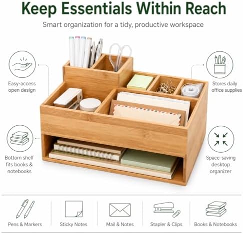 Bamboo Desk Organizer with Pen Holder and Open Shelf, Multi-Compartment Desktop Organizer for Mail, Notes, Books and Office Supplies, Space Saving Storage for Home Office Desk - Image 4