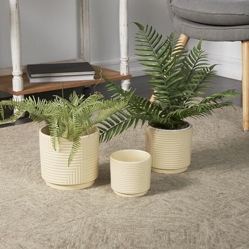 deco 79 Ceramic Geometric Indoor Outdoor Planter Small Planter Pot with Layered Square Shaped Grooves, Set of 3 Planters 7", 6", 5" W, Cream - Image 5