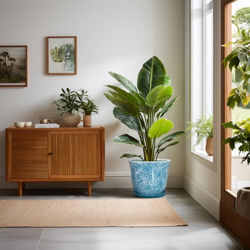 Ceramic Planter - 10 Inch Plant Pot for Indoor Outdoor, Large Round Flower Pots with Drainage Hole and Saucer, Modern Decorative Plant Pots, Garden House Decor, House Warming Gifts, Blue - Image 3