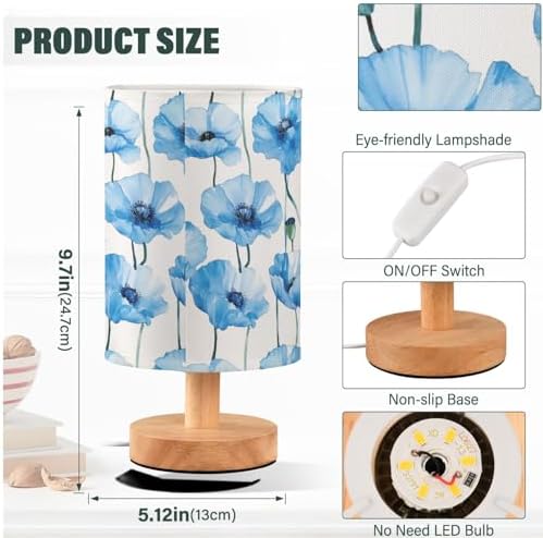Watercolor Light Blue Poppy Flowers Bedside Table Lamps with USB Port for Bedroom Lamp Accent Table Lamp Small Nightstand Lamp Sturdy Linen Shade Wooden Decorative Lamps for Office Dorm Home - Image 4