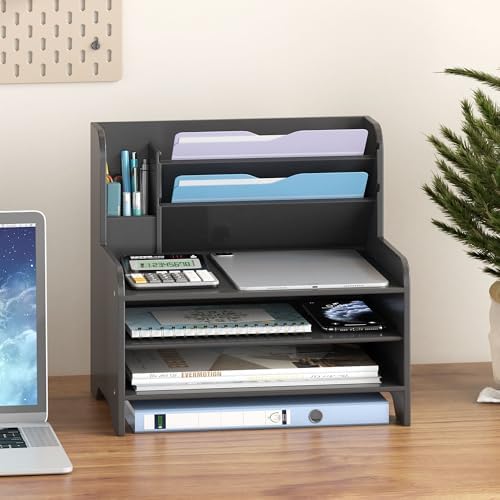 Bamboo File Organizer for Desk, Paper Tray with Pen Holder - Image 2