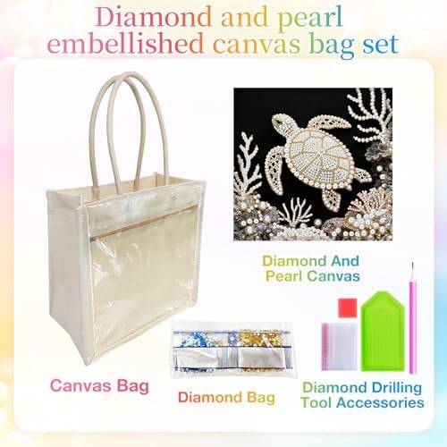 Xylzzuit DIY Pearl Painting Canvas Tote Bag Kit 11.42IN Diamond Art Handbag for Women Shopping Grocery Bag Dots Beads Art Craft Gift (Turtle) - Image 5