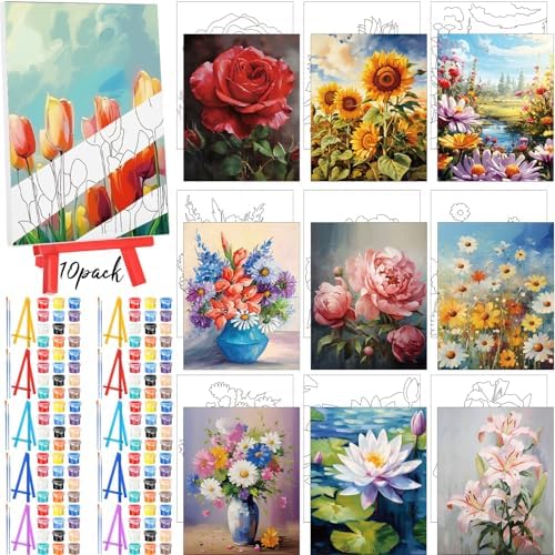 Blosssound 10 Set Pre Printed Canvas Pre Drawn Canvas Painting with Easel Kits 5" x 7" Outline Painting Panels for Beginners, DIY Craft Project, Party Favor, Home Decors(Flower) by Blosssound