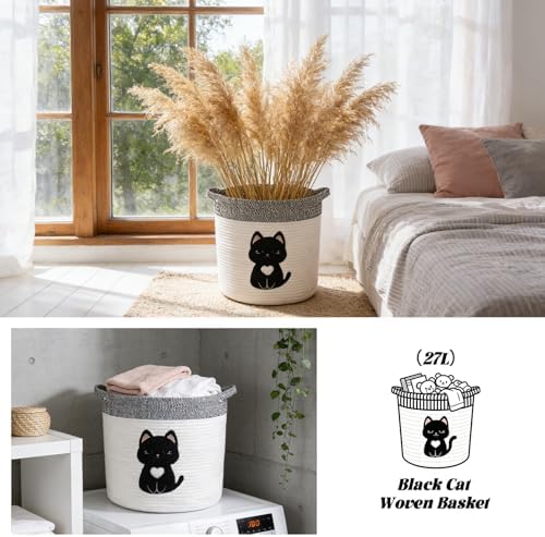 Black Cat Storage Basket - Woven Cotton Rope Basket with Soft Felt Patch, Foldable Organizer for Nursery, Pet Toys & Laundry, Gift & Home Decor (11.8 Inch, Washable) - Image 5