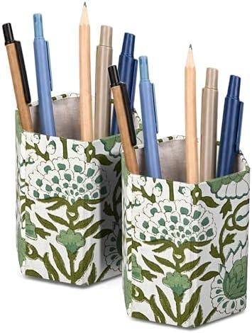 CPC Agate Green Block Print Cotton Pen Holder Set of 2 by COTTONPRINTCLUB