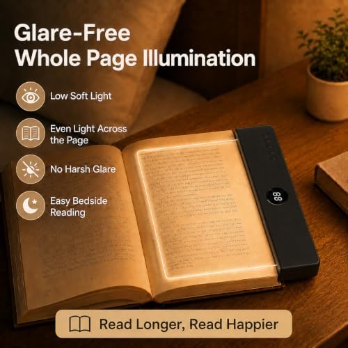 Book Light, Rechargeable Clear LED Flat Book Lights for Reading in Bed at Night with 3 Colors & Timer, Portable Bookmark Light, Bookish Gifts for Women Readers Kids Book Lovers(1, Black) - Image 2