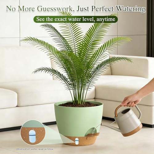 Plant Pots, 1 Pack 12 Inch Self Watering Pots with Drainage Holes, Water Level Indicator Deep Reservoir, Large Planters for Indoor Outdoor Plants - Green Brown - Image 6