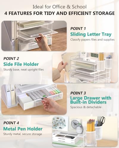 WALI Desk File Organizer, 5 Tier Desktop Paper Letter Tray Organizer with Drawer and 2 Pen Holders, Office Desk Accessories & Workspace Organizers for Office, Home Supplies(DO006DH-W), 1 Pack, White - Image 4