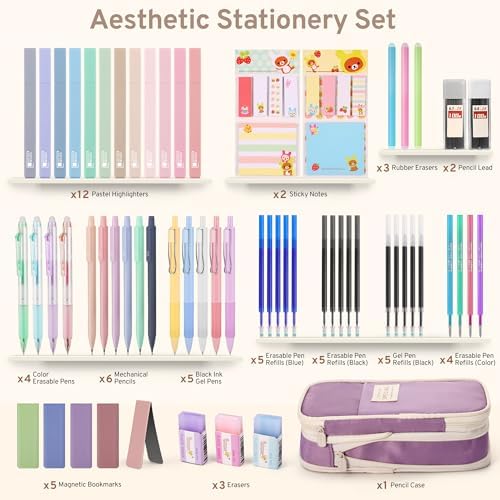 DazSpirit 62PCS Aesthetic Stationery Set with Foldable Pencil Case, Purple - Image 2