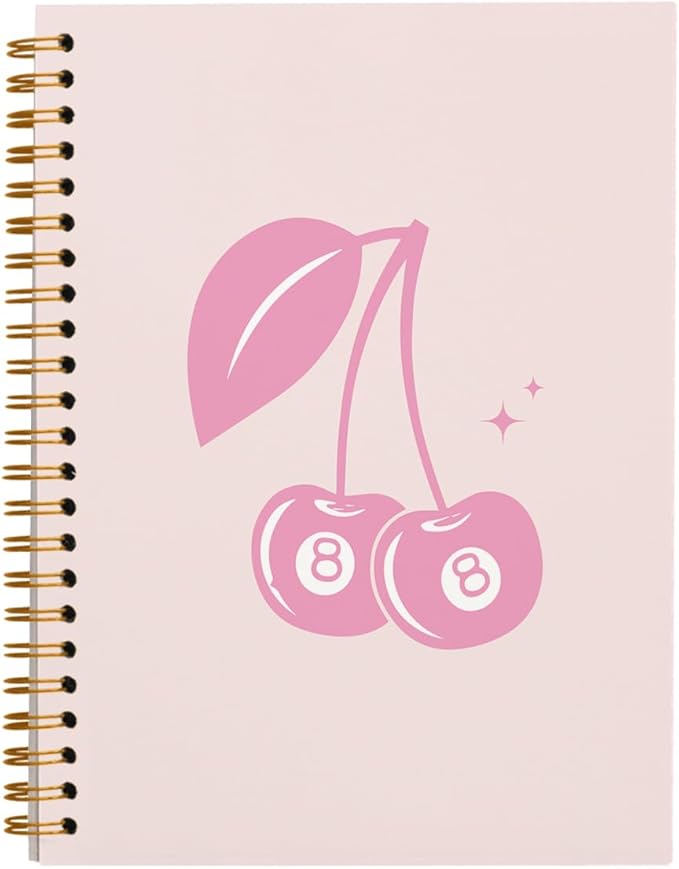 Pink Notebook Journal, Funky Retro Y2K Preppy Pink Lucky 8 Ball Cherry Notebook, Pink Office Supplies, Pink Aesthetic Notebooks, Pink Desk Accessories, Pink Hardcover Spiral Notebook 5.5x8.3