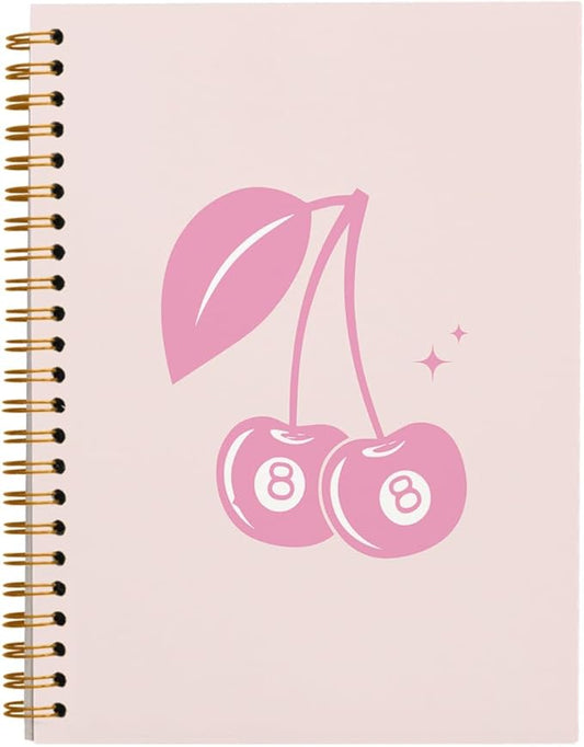 Pink Notebook Journal, Funky Retro Y2K Preppy Pink Lucky 8 Ball Cherry Notebook, Pink Office Supplies, Pink Aesthetic Notebooks, Pink Desk Accessories, Pink Hardcover Spiral Notebook 5.5x8.3