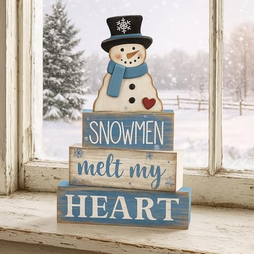 Moucuny 4 Pcs Snowman Block Signs Farmhouse Table Decoration Wood - Image 5