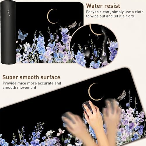 Black Desk Mat, Blue Violet Wildflower XXL Mouse Pad 35.4x15.7 in - Image 4