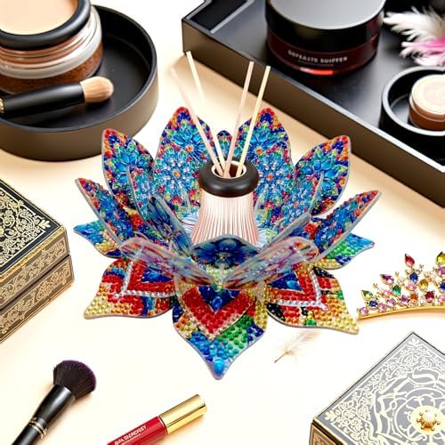 jinglinhh DIY Mandala Lotus Diamond Art Painting Aromatherapy Candle Holder Kit for Adults, Acrylic Diamond Art Tabletop Candlestick Holder Tray Ornaments Craft Project for Beginners(Blue Lotus) - Image 3