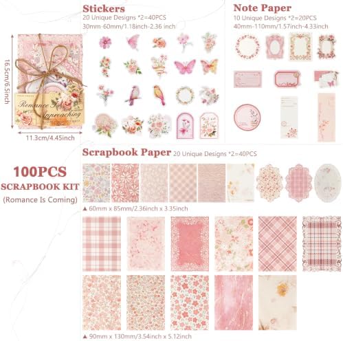 ZUFECY Pink Scrapbook Paper Kit, 100 Pieces, Vintage Floral Theme, for Junk Journal, Card Making, Planner Decor and DIY Crafts - Image 2