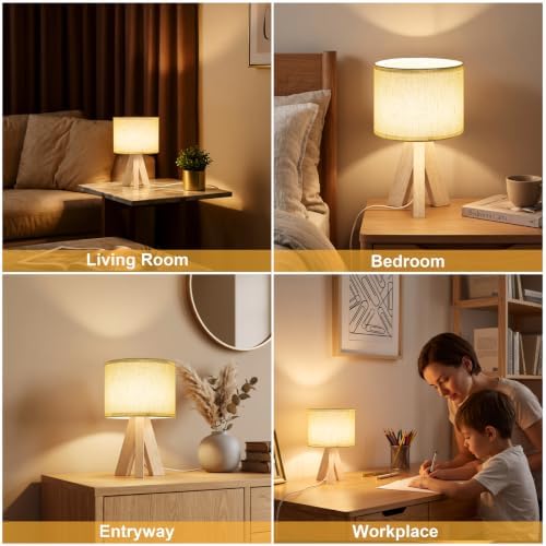Tripod Table Lamp Small Bedside Lamp with Linen FabricShade, Mid Century Modern Nightstand Lamp for Bedroom Living Room Office Nursery, Wooden Legs(Cylindrical) - Image 7