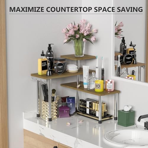 ZHWS Kitchen Corner Shelf Countertop Organizer - 3 Tier Bamboo & Metal Kitchen Organization Plant Stand Living Room Office, Spice Rack On Counter Shelves, Antique - Image 3