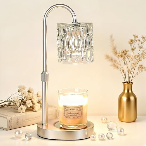 Dreamholder Electric Candle Warmer Lamp with Timer, Dimmable Candle Lamp with Adjustable Height, Wax Melter for Jar Candles Wood Base Floral Home Decor Gifts for Women Mom, Silver Glass by Dreamholder