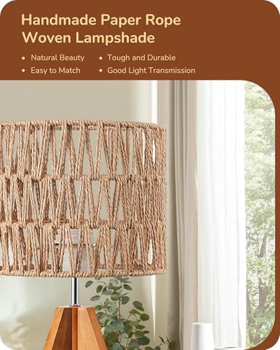 EDISHINE Rattan Small Table Lamp, Boho Nightstand Lamp, 14.2", E26 Base - Image 2